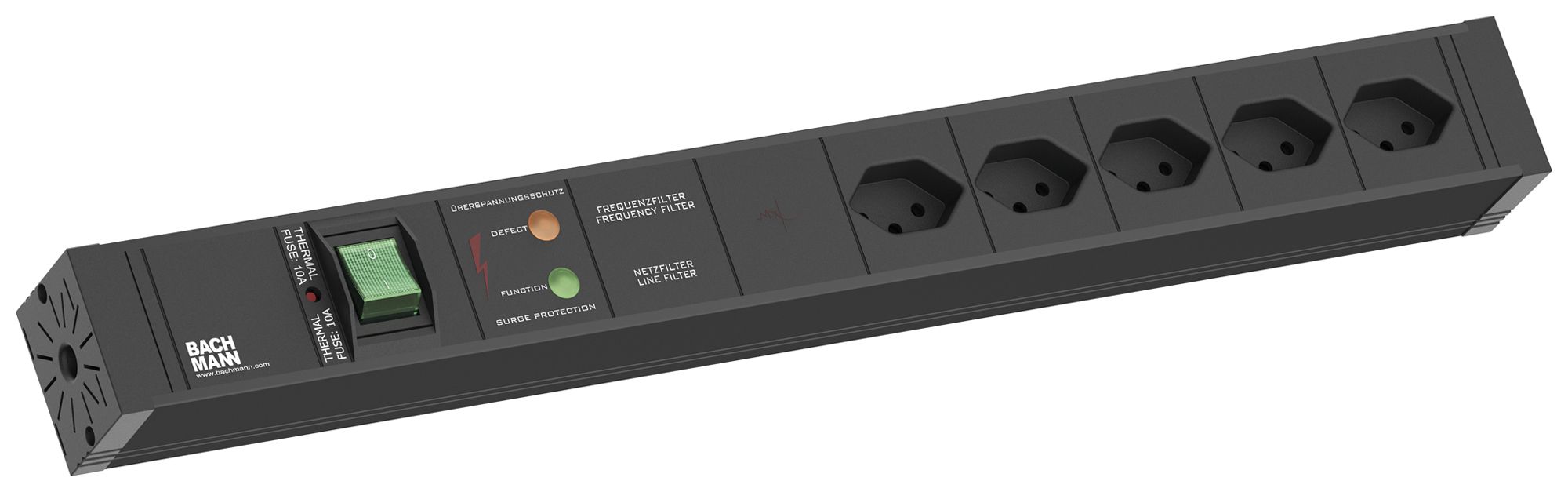 Prise multiple BACHMANN 5×T13 2m interrupteur/protection complète appareils noir