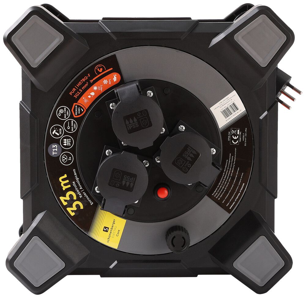 Avvolgicavo Schönenberger spina:T13 presa:3×T13 33m IP55 nero