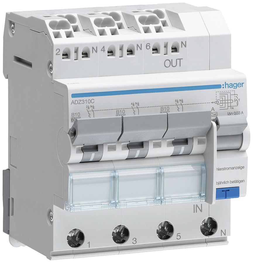 FI/LS-Schalter Hager RCBO QC 3P+N 400V Char.B 10A 0.03A Typ A 6kA 4TE