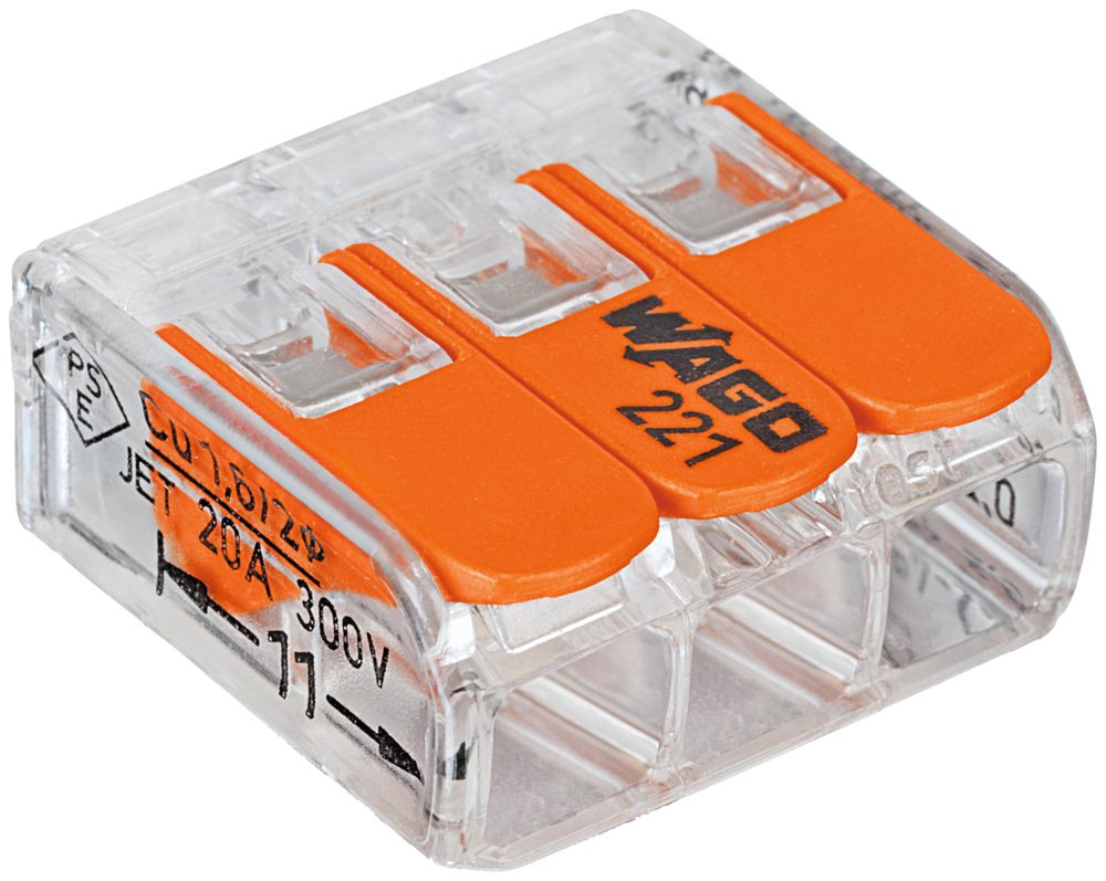 Borne de connexion WAGO 221 3×0.2…4mm² levier 32A 450V orange transparent