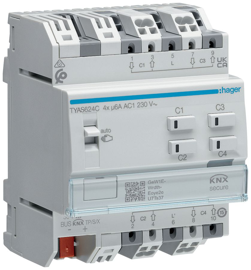 Actionneur de jalousie KNX AMD Hager 4 sorties 6A 1380W 230VAC IP20 4UM