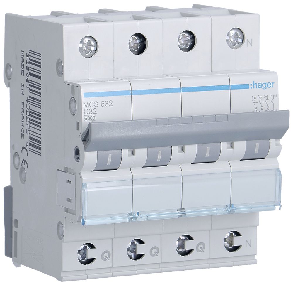 Leitungsschutzschalter Hager MCB quickconnect 4P 415V Typ C 32A Icn 6kA 4TE