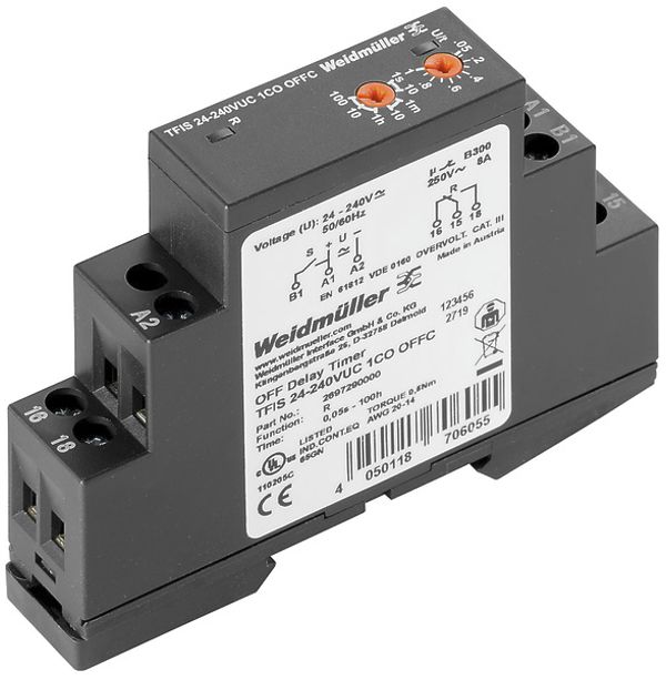 Relais temporisé WM TFIS 24…240VUC 1CO OFFC, entrée de commande, 1W 8A, à vis