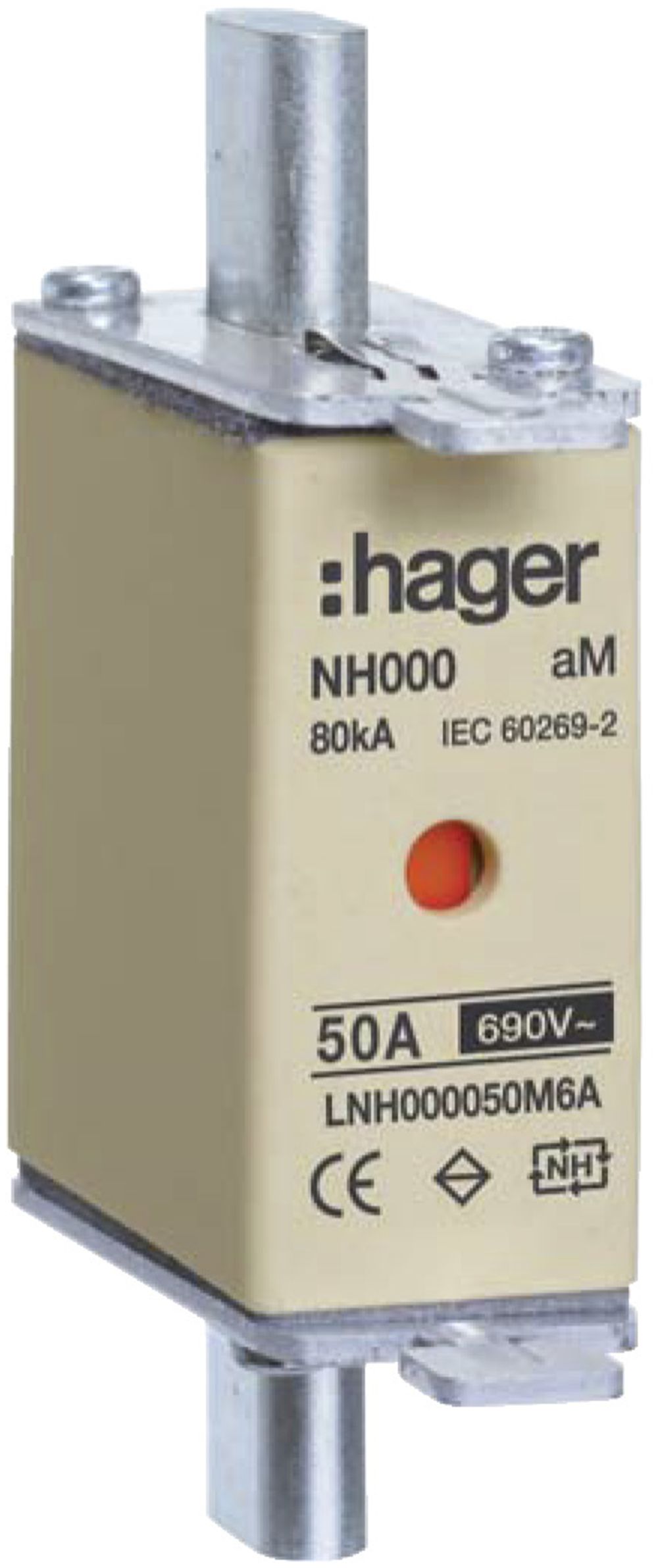 Fusible HPC Hager DIN00 690VAC 50A aM avertisseur double inoxydable