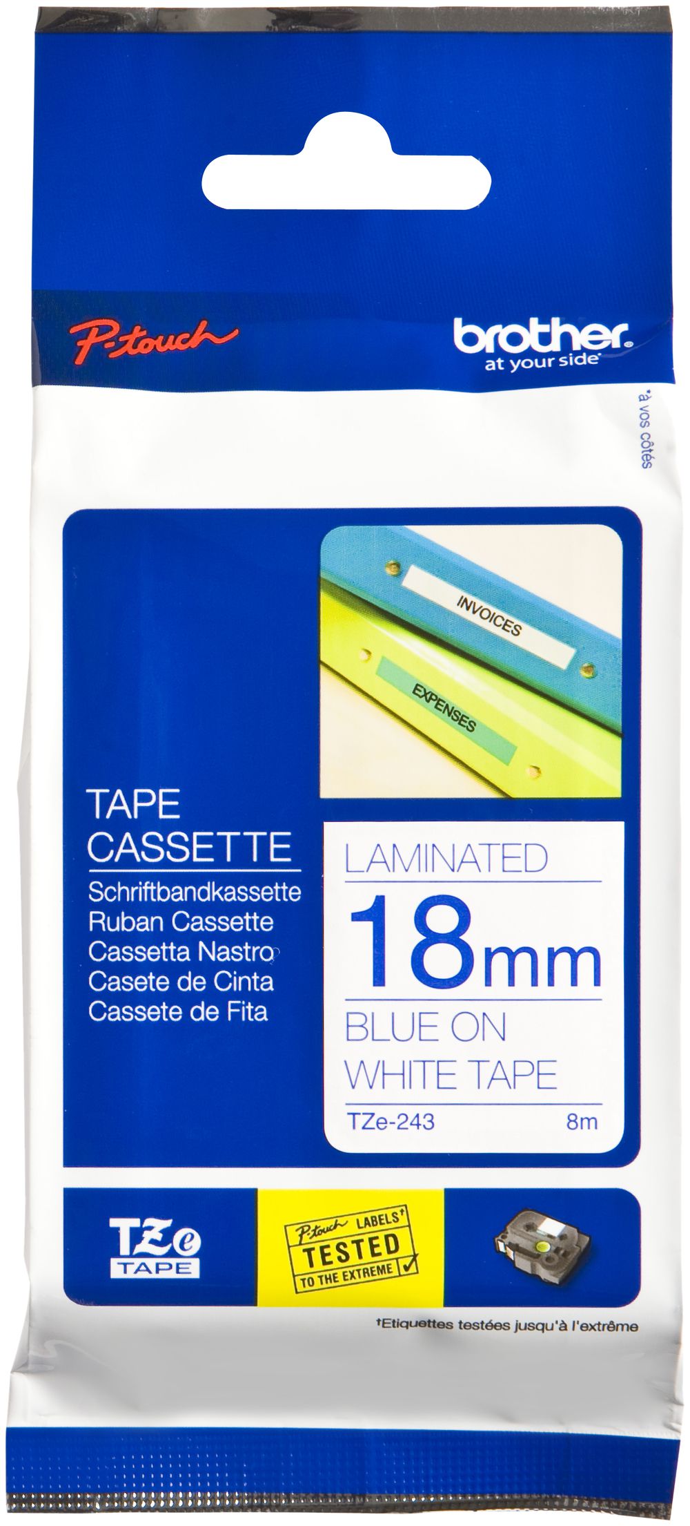 Cassette ruban Brother TZe-243 18mm×8m, blanc/bleu