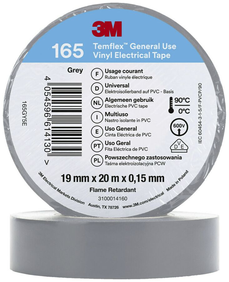 Ruban isolant 3M Temflex 165 19mm×20m×0.15mm gris VDE 600V 0…90°C