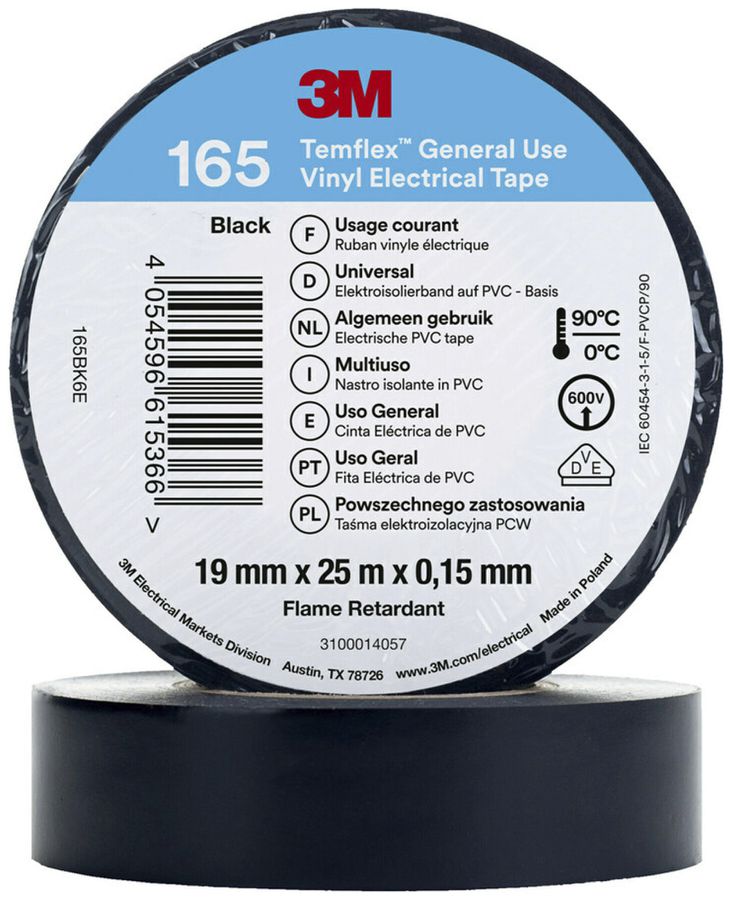 Ruban isolant 3M Temflex 165 19mm×25m×0.15mm noir VDE 600V 0…90°C