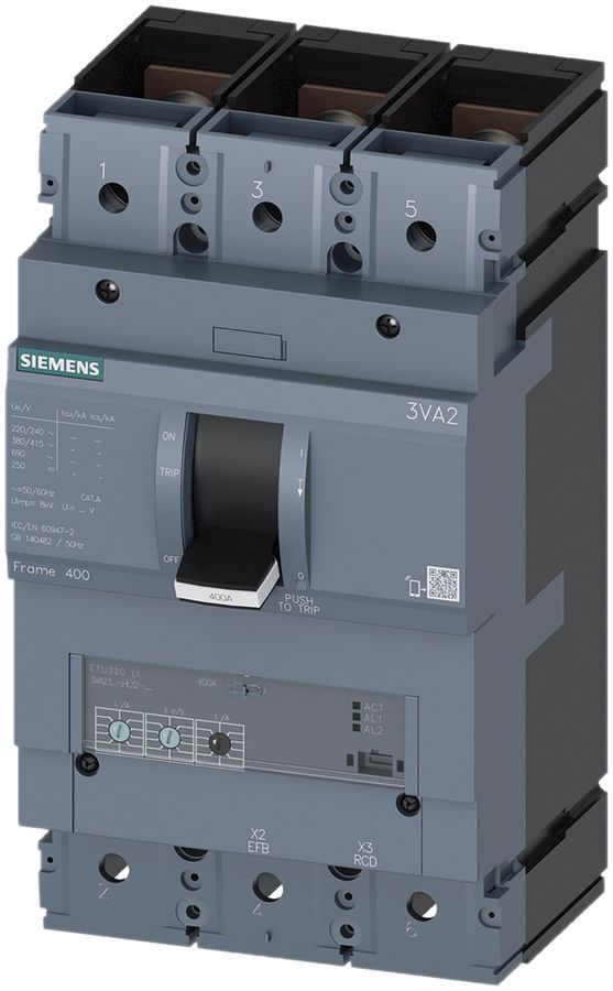Interruttore di potenza Siemens SENTRON 3VA2 3L 160…400A Ii=1.5…10× M-55kA cp