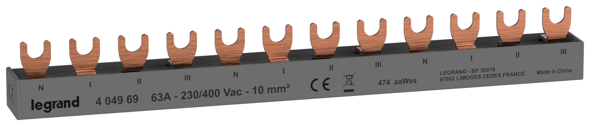 Kammschiene HX³standard 4P 3Ph Gabel 10mm² 63A 210mm grau