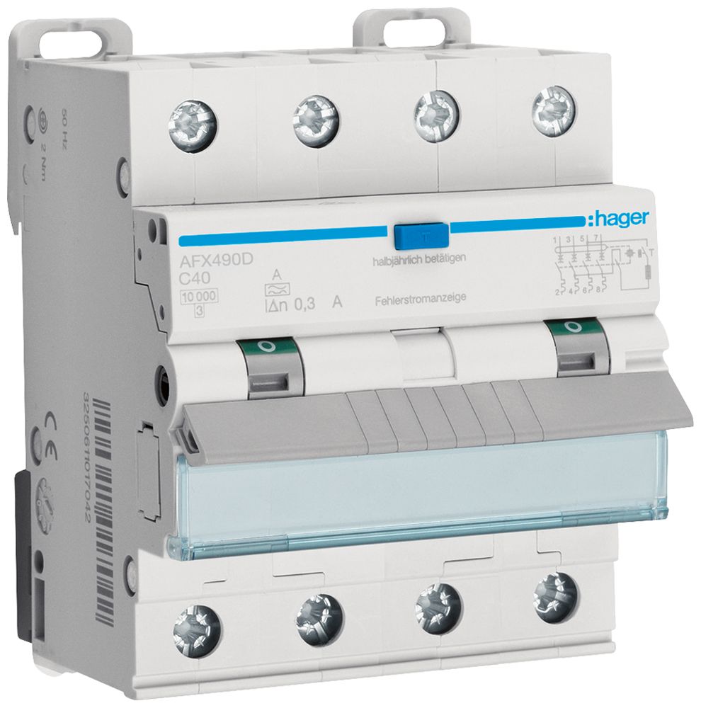 FI/LS-Schalter Hager RCBO 4P 400V C 40A 0.3A 4TE Typ A 10kA