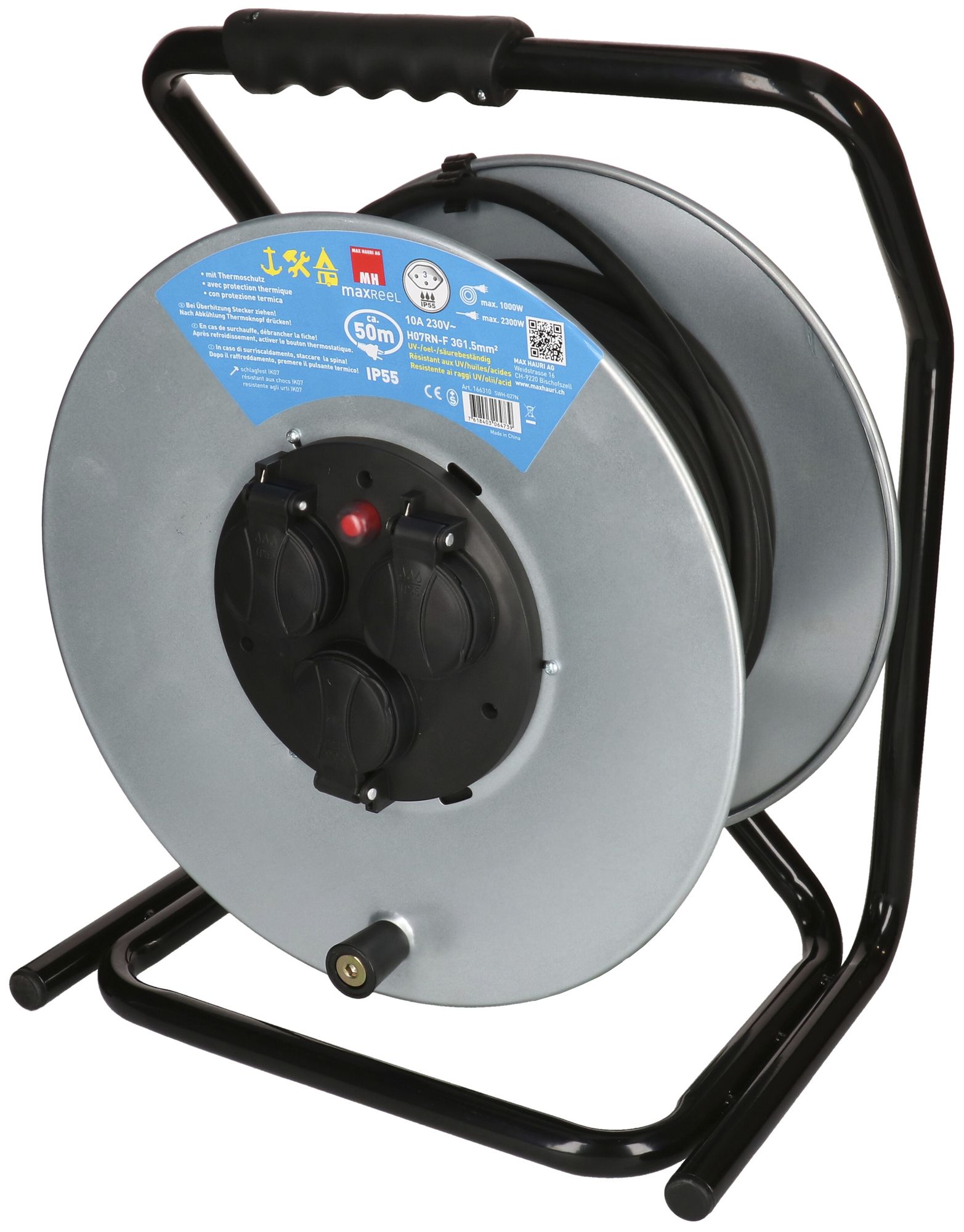 Kabelrolle MAX HAURI Stahl 230V 10A 3×T13 50m 3×1.5mm² IP55 silber