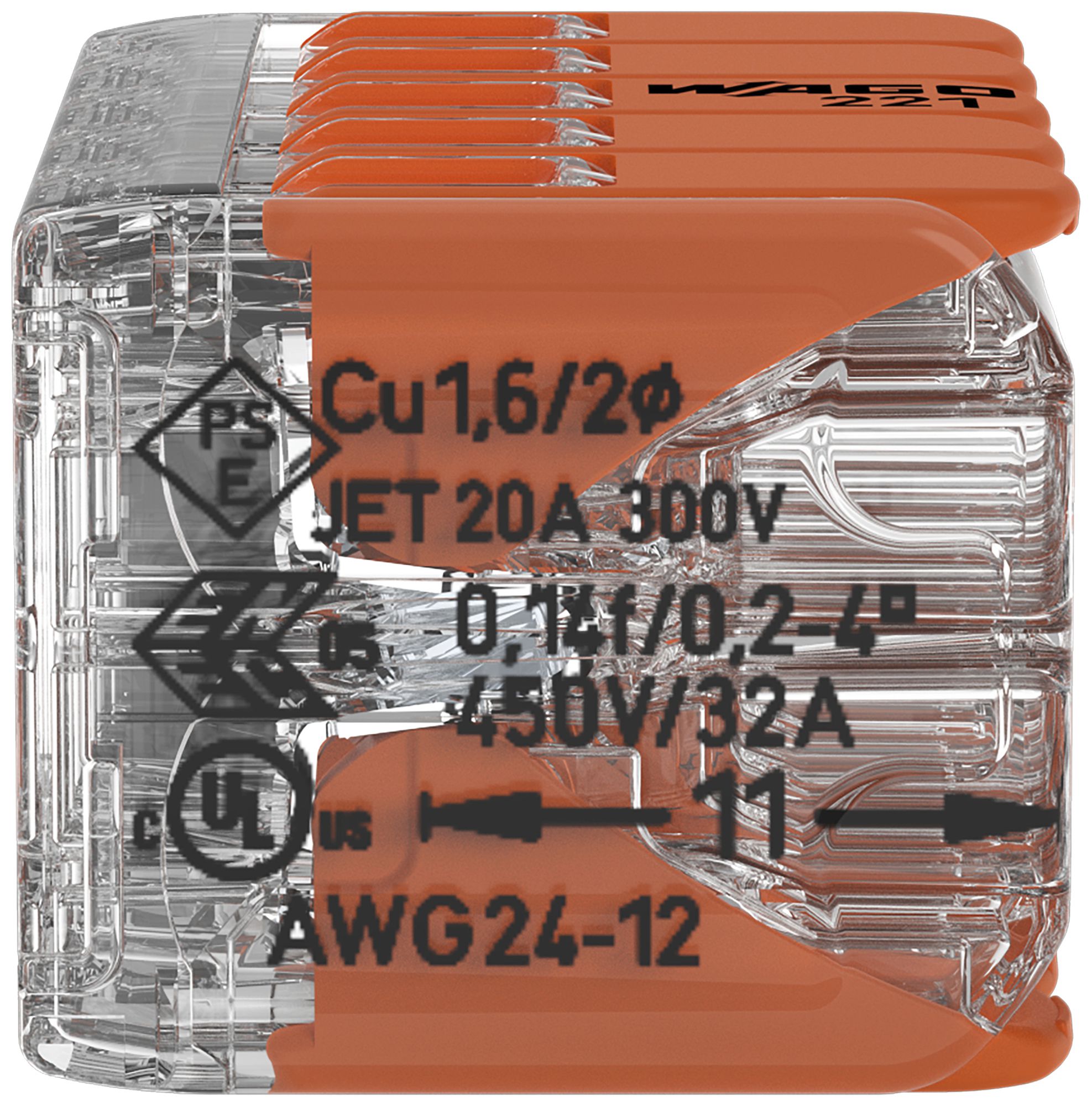 Borne de connexion WAGO 221 10×0.2…4mm² levier 32A 450V orange transparent