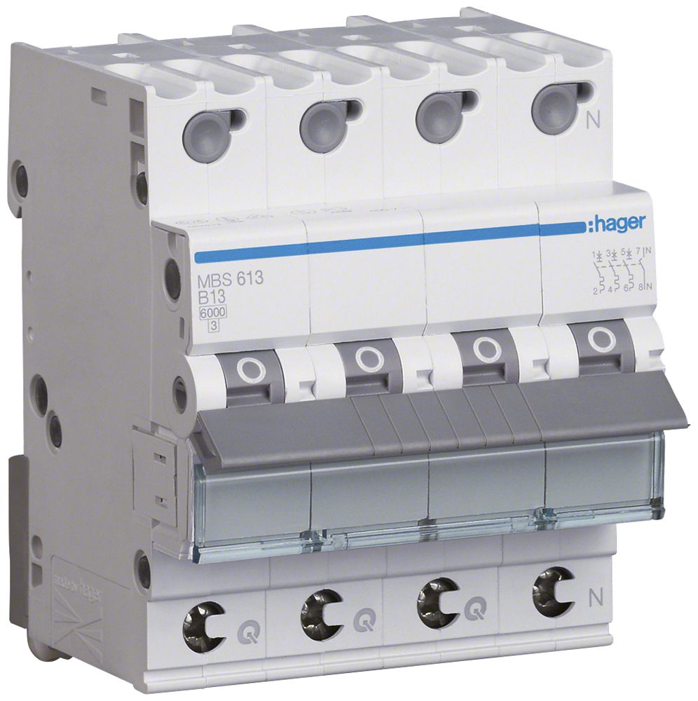 Disjoncteur Hager MCB quickconnect 4P 415V type B 13A Icn 6kA 4UM