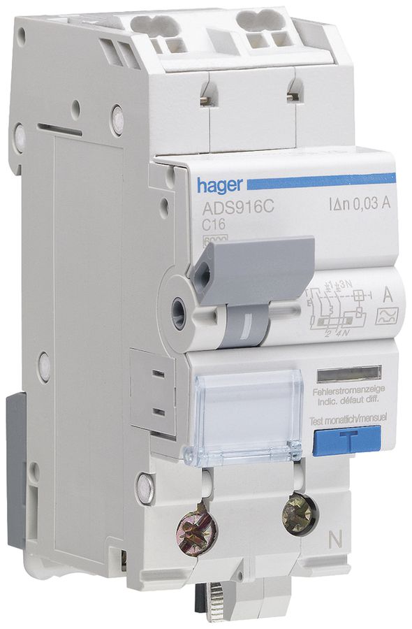 Disgiuntore differenziale Hager RCBO QC 2 230V car.C 16A 0.03A 2UM