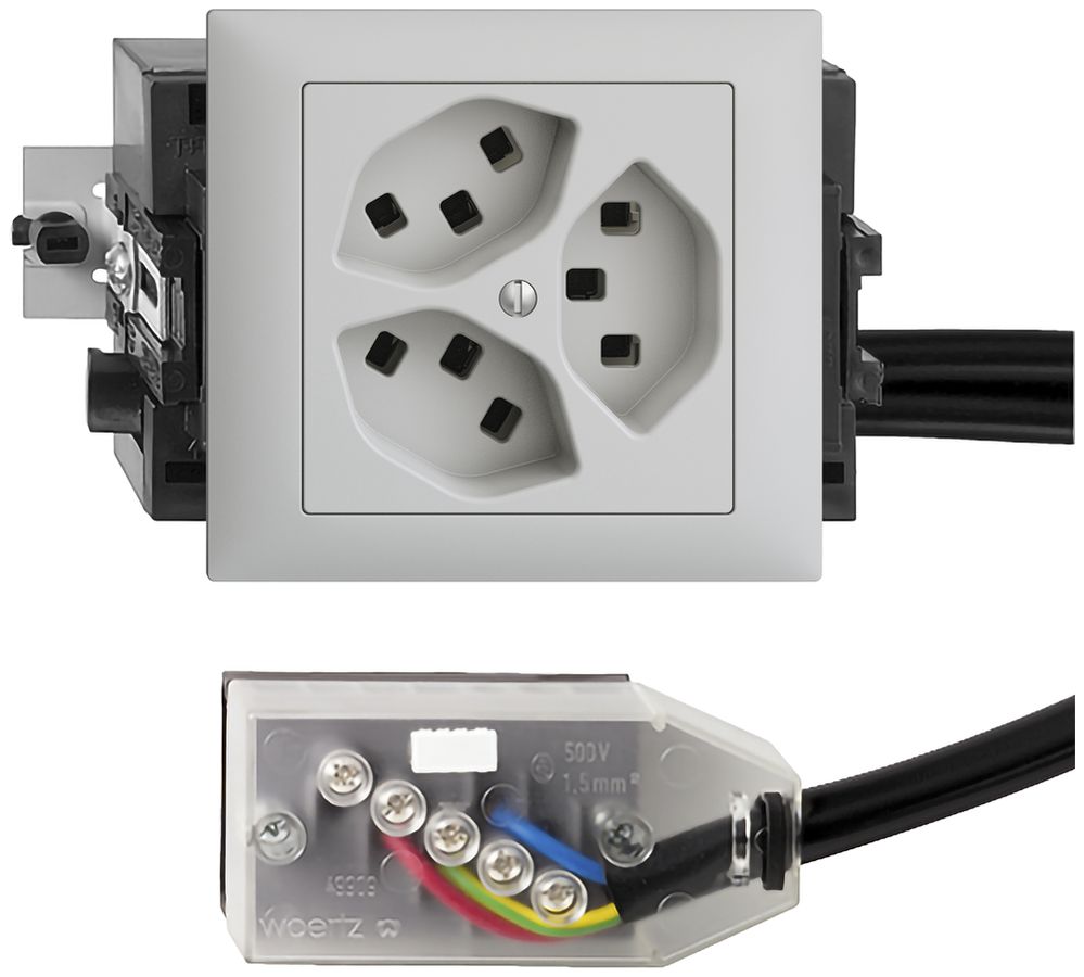 EB-Steckdose 3×T23 16A hellgrau 53mm L1 EDIZIOdue für Technofil