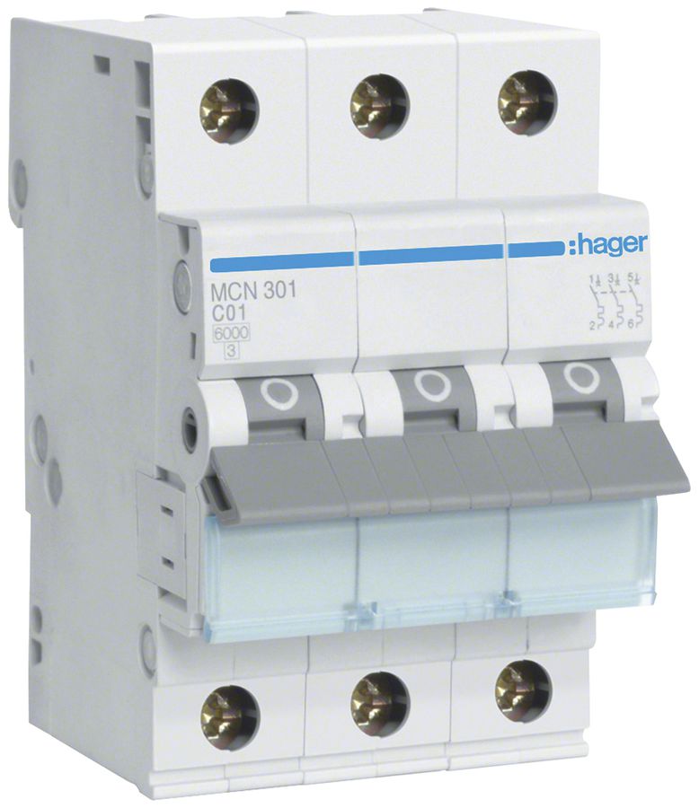 Disjoncteur Hager MCN 3P 415V type C 1A Icn 6kA 3UM