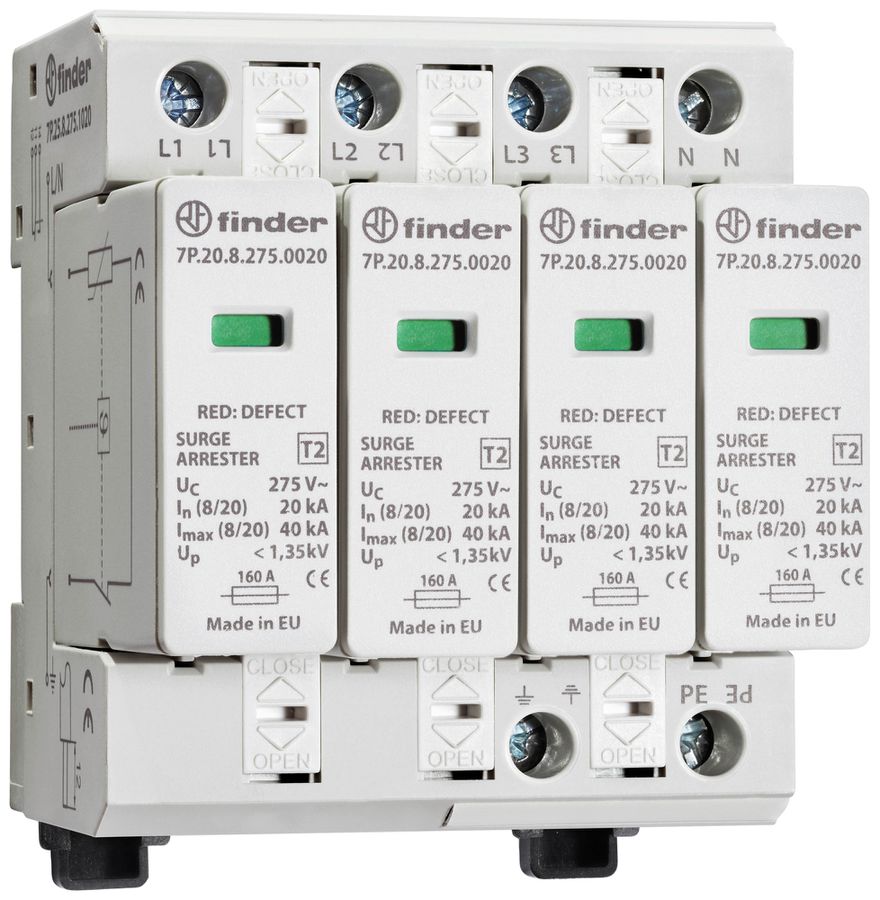 Parasurtension FINDER 7P.25 SPD forme de réseau DC TN-S 4L 230V 160A 4UM