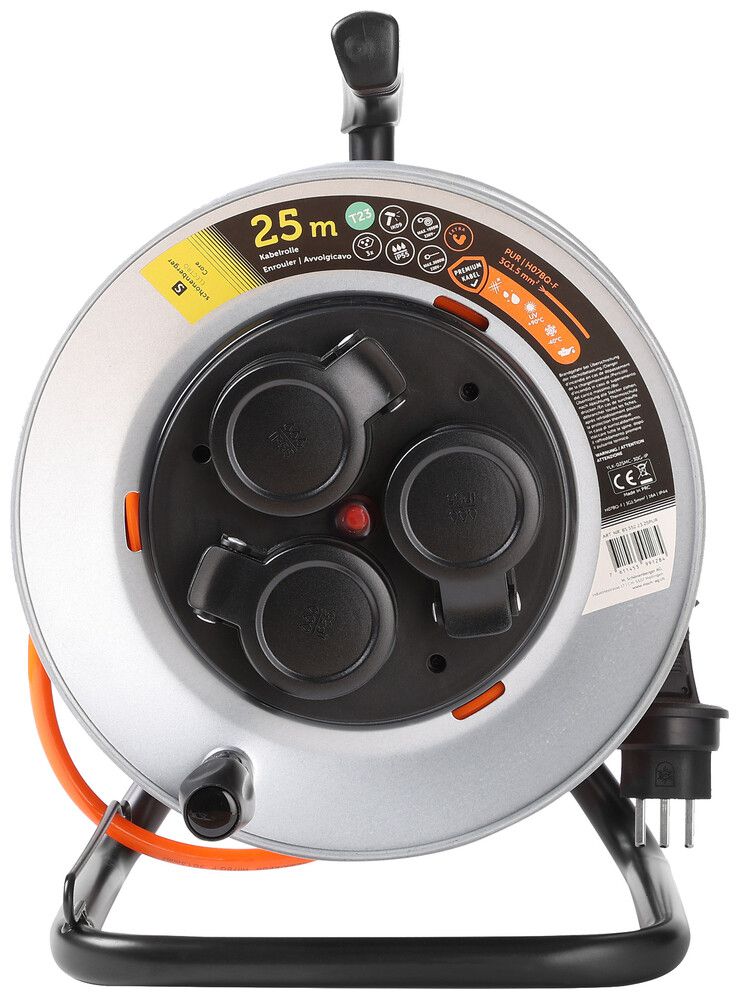 Kabelrolle Schönenberger Stecker:T23 Steckdose:3×T23 25m IP55 Silber