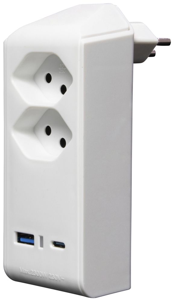 Fiche de dérivation cleverLINE 2×T13 1×USB-A 1×USB-C 300° sans suspension blanc