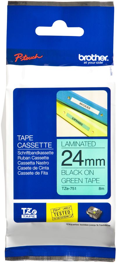 Cassetta nastro Brother TZe-751 24mm×8m, verde/nero