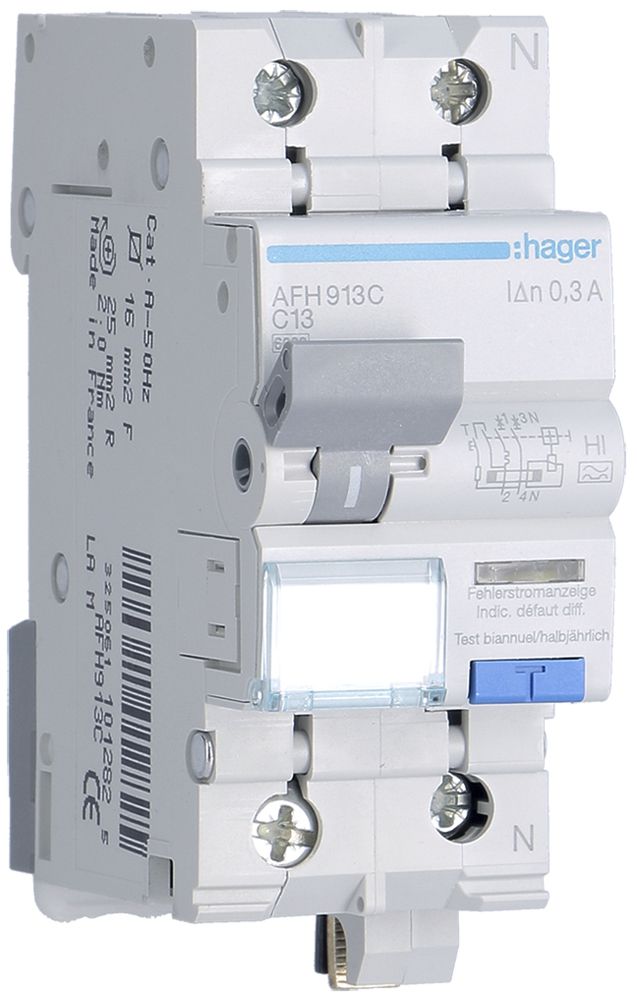Disgiuntore differenziale Hager RCBO 2P 230V car.C 13A 0.3A tipo A HI 6kA 2UM