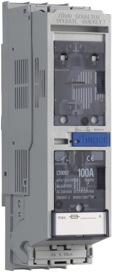 Coupe-circuit sectionneur HPC Hager DIN000 690VAC 100A rail 60mm sortie en haut