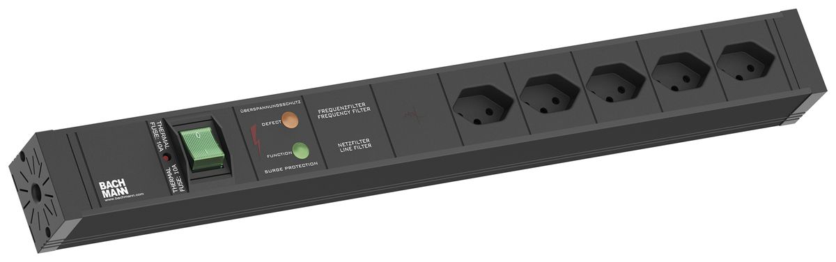 Prise multiple BACHMANN 5×T13 2m interrupteur/protection complète appareils noir