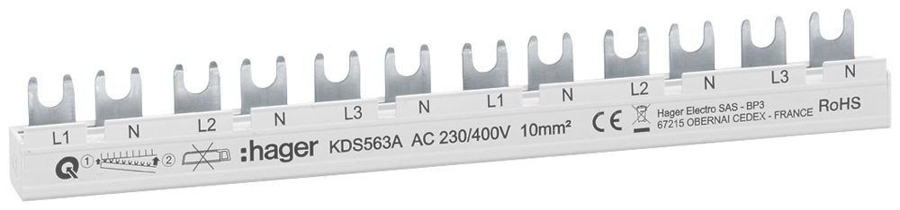 Kammschiene Hager quickconnect 2P 3Ph Gabel 10mm² 63A 215mm grau
