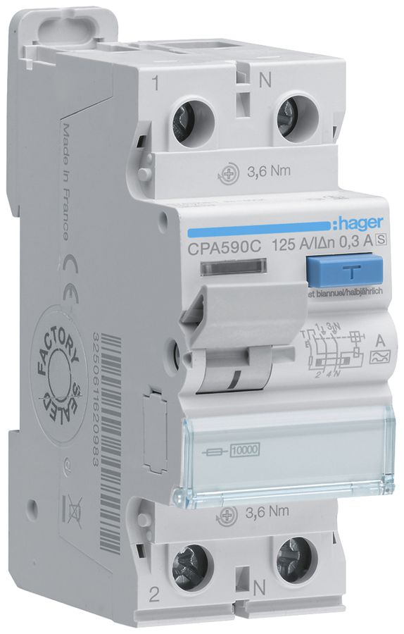 Interruttore differenziale Hager RCCB (RCD) 2P 230V 0.3A tipo A 125A 10kA 2UM
