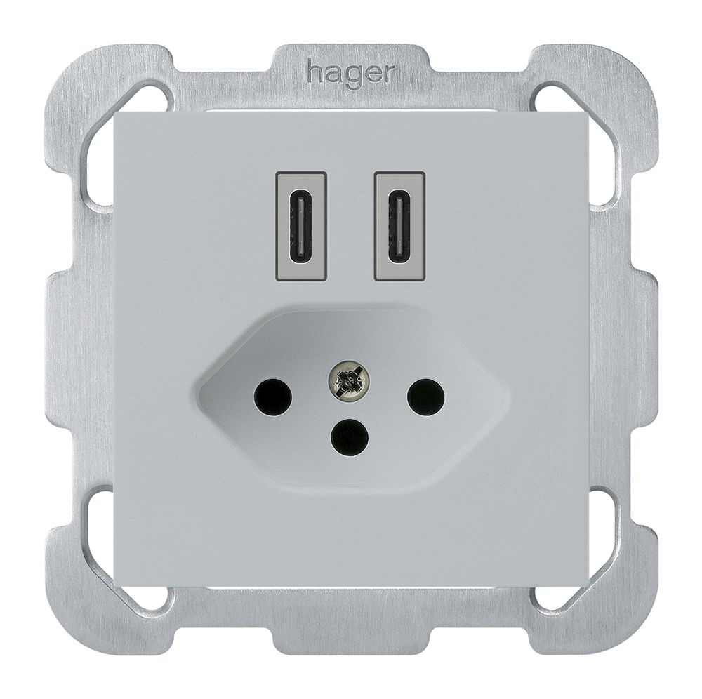 UP-USB-Ladesteckdose Hager kallysto C-C 20W+T13 5V 77×77mm grau