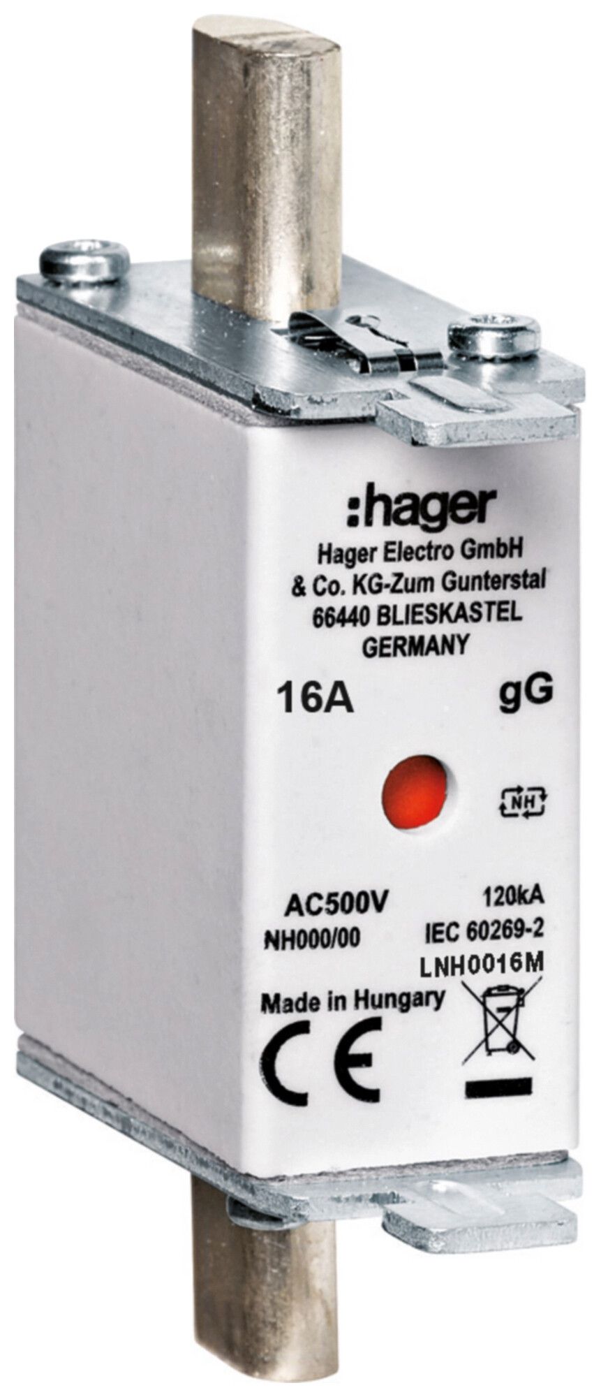 Fusible HPC Hager DIN000 500VAC 16A gG/gL avertisseur double antirouille