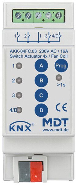 Attuatore-commutatore KNX AMD MDT AKK-04FC.03 4-can 16A 230VAC 2UM
