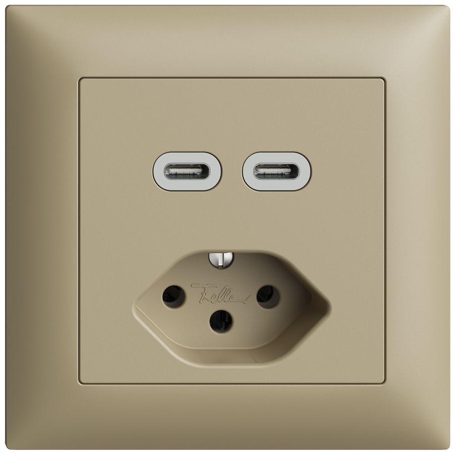 Prise ENC USB 2×type C + type 13 Feller EDIZIOdue FMI 230V 3000mA sand