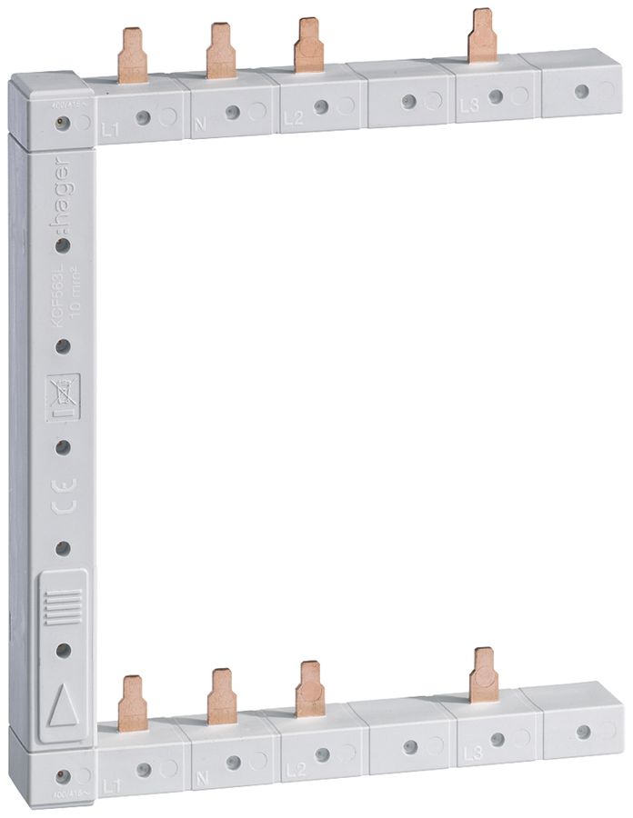 Kammschiene Hager 4P 3L Stift 10mm² 63A links L1N-L2N-L3N zu L1N-L2N-L3N weiss