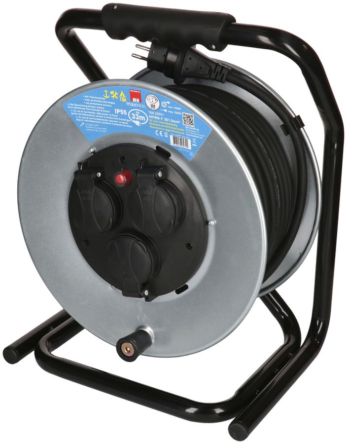 Kabelrolle MAX HAURI Stahl 230V 10A 3×T13 33m 3×1.5mm² IP55 silber