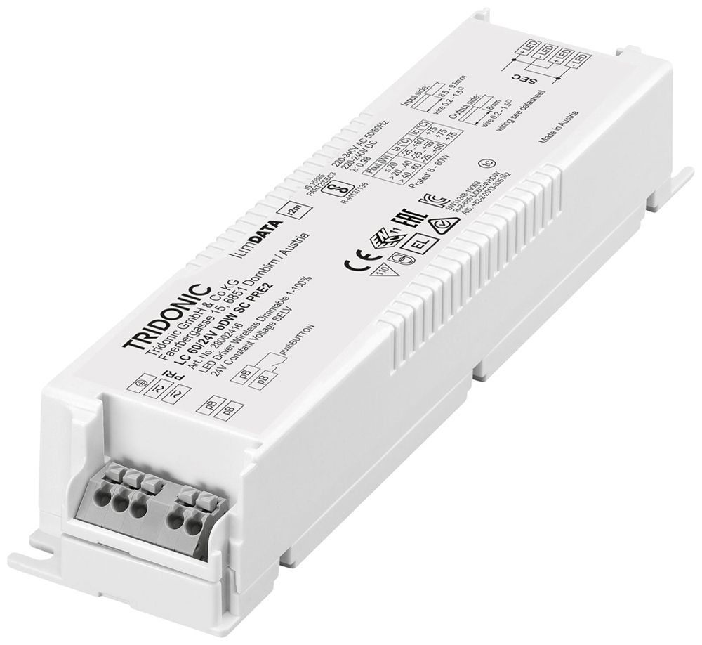 LED-Betriebsgerät Tridonic LC PRE2 Casambi 60W 24V 250…2500mA DIM 225×43×30mm