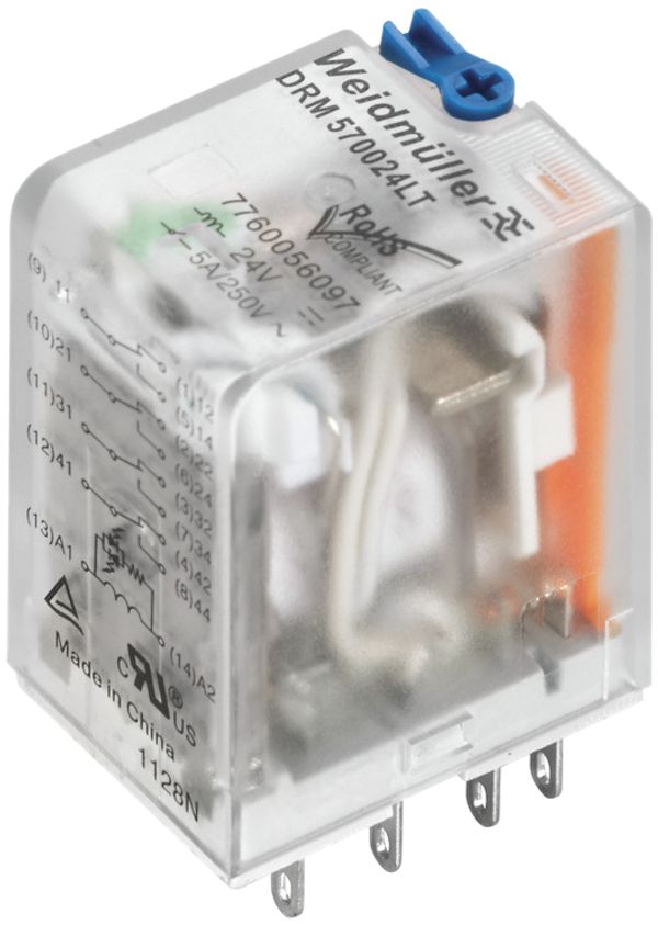 Relais Weidmüller, 24VDC, LED grün, 2 Wechsler mit Prüftaste, 250VAC, 10A