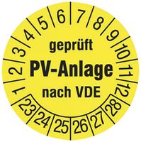 Prüfplakette CIMCO 108×'geprüft PV-Anlage nach VDE' 2023 Ø30mm gelb