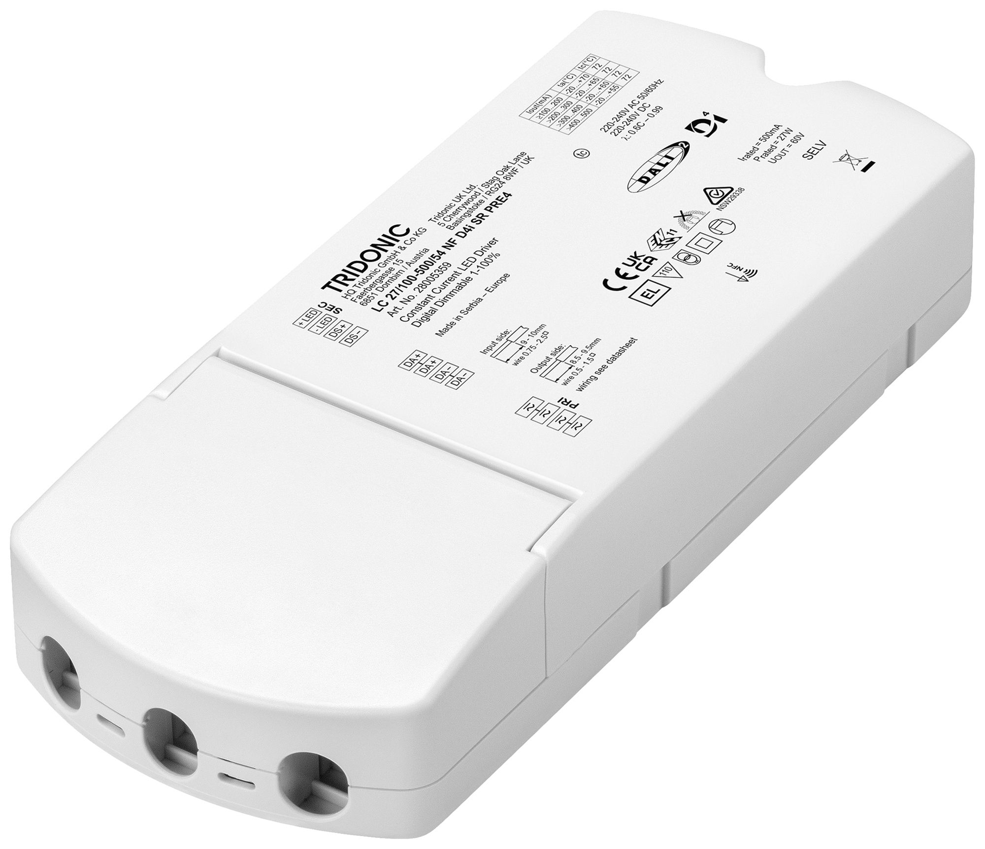 Alimentation LED Tridonic LC 1.5…27W 220…240V 35…137mA DALI DSI VAR 190×82×34mm