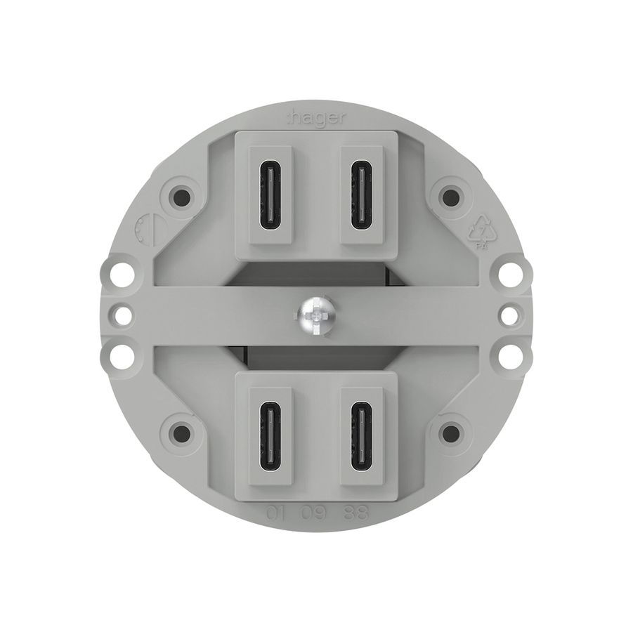 USB-Ladesteckdose Hager 2×C-C 2×20W oder 4×10W 5V aluminium