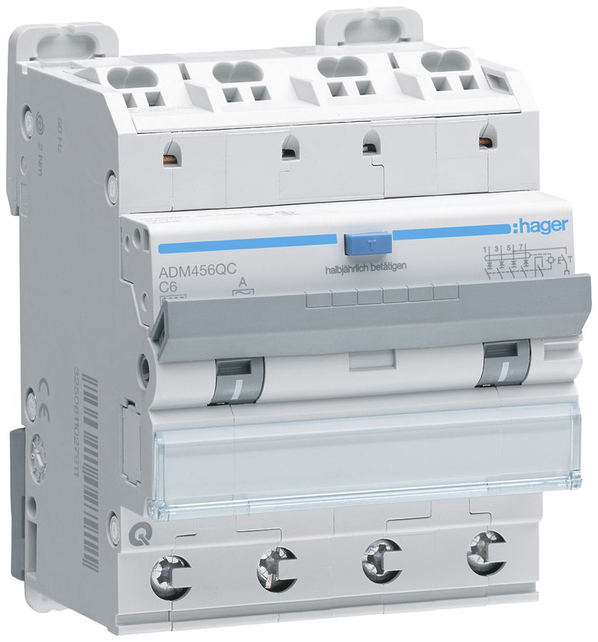 Disgiuntore differenziale Hager RCBO QC 4P 400V car.C 6A 0.03A tipo A 6kA 4UM