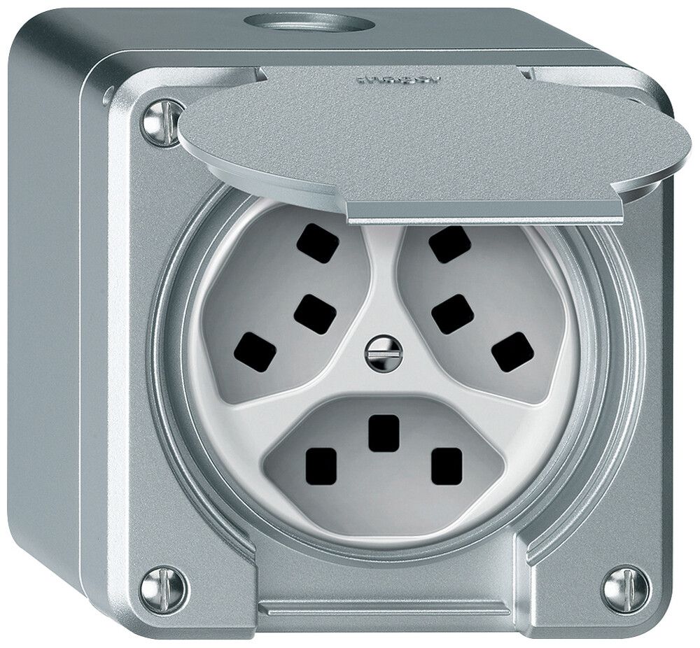 Presa AP robusto 3×T23 16A 250V 86×86mm IP21 alluminio