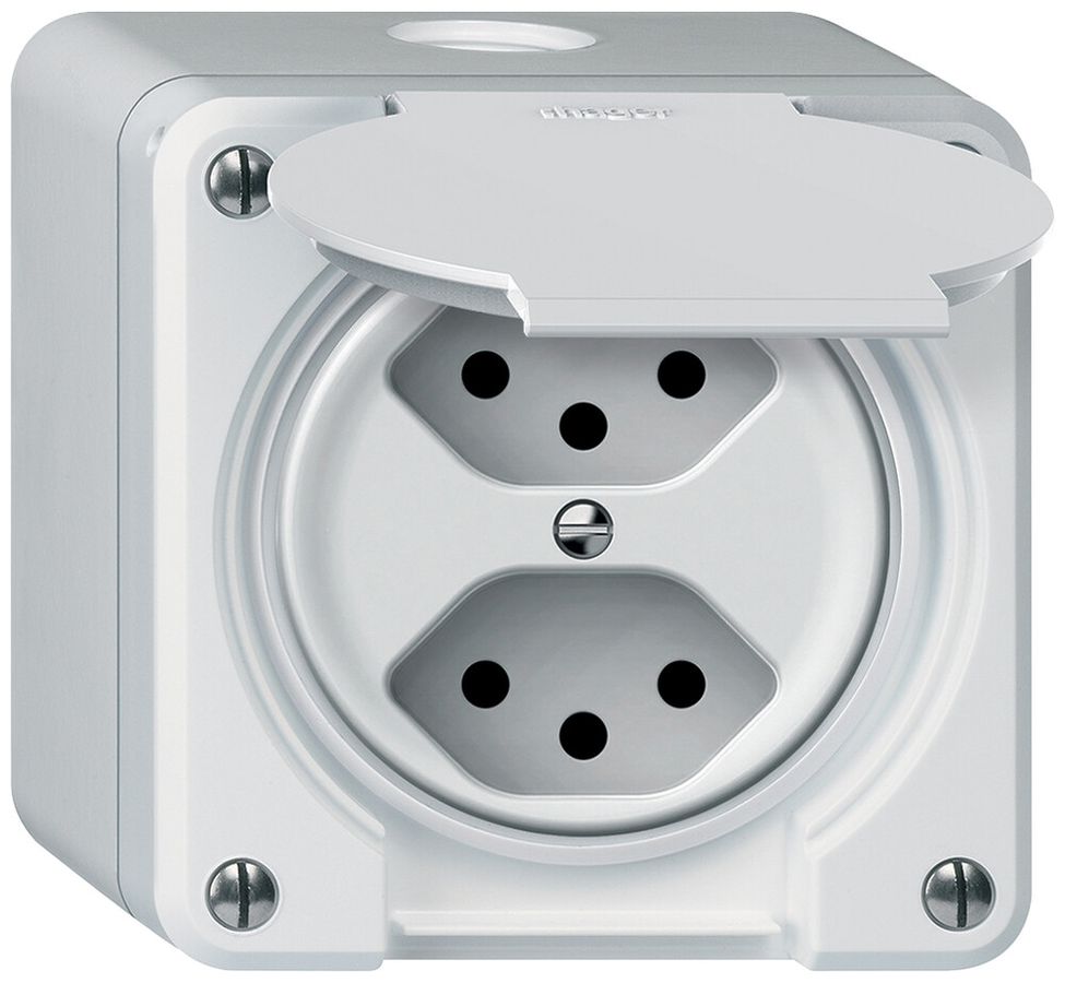 AP-Steckdose FI robusto 1×T23 30mA 16A 250V 86×86mm IP21 weiss