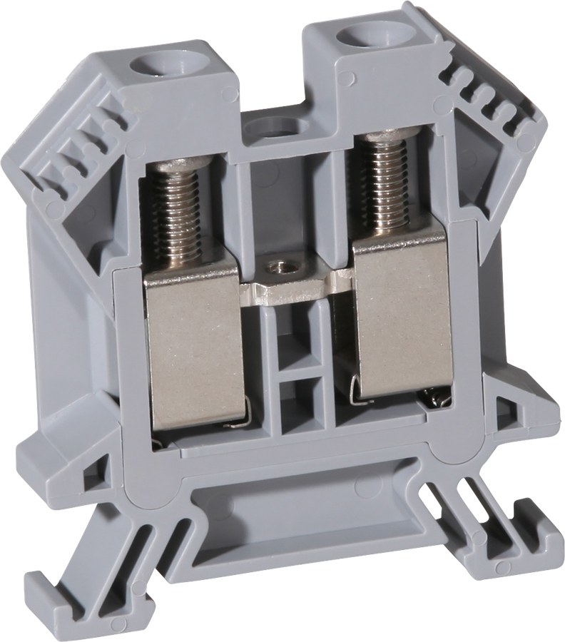 Borne de passage joignable Woertz 6…16mm² 76A 1000V vis 2×1 rail DIN 35mm gris