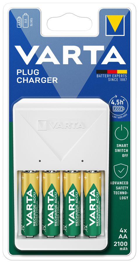 Chargeur VARTA Plug Charger+ avec 4×AA 56706, 2100mAh
