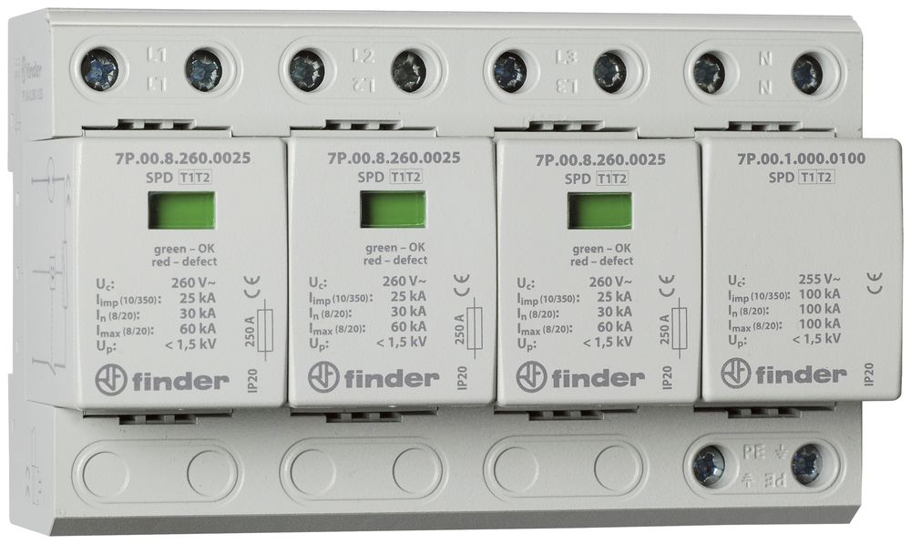 REG-Überspannungsableiter Finder 7P.04, Typ 1+2, 3L/N 250A TN-S/ TT