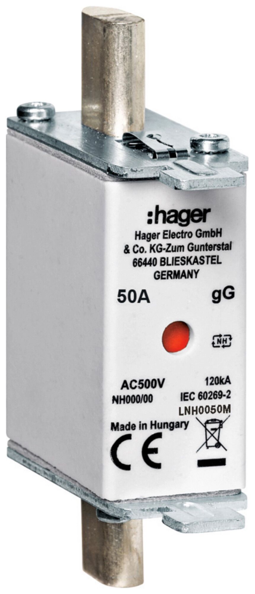 Fusibile HPC Hager DIN000 500VAC 50A gG/gL segnalatore doppio antiruggine