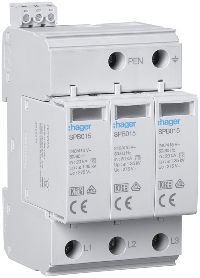 Überspannungsableiter Hager SPD 3P 20kA mit FM TN-C Imax 40kA Up 1.5kV 3TE