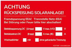 Warnaufkleber ACHTUNG Rückspeisung Solaranlage! 90×60mm selbstklebend rot