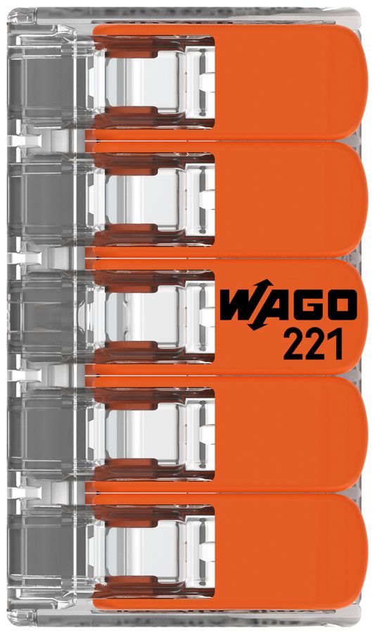 Borne de connexion WAGO 221 5×0.2…4mm² levier 32A 450V orange transparent
